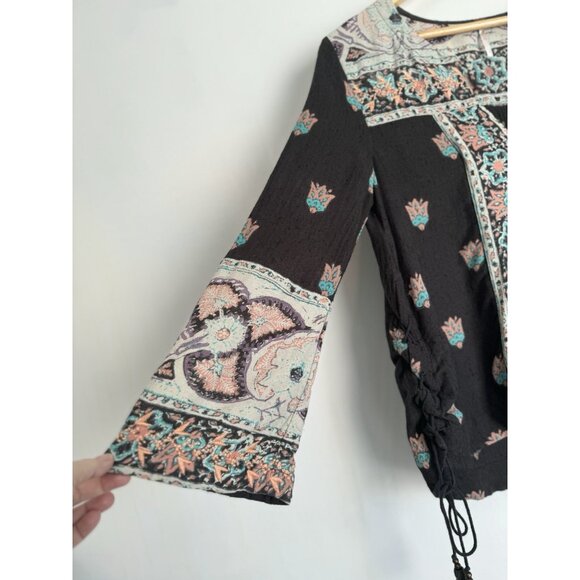 Free People Bandana Bandit Embroidered Peasant Top Size 6 Black Boho Festival - Picture 8 of 15